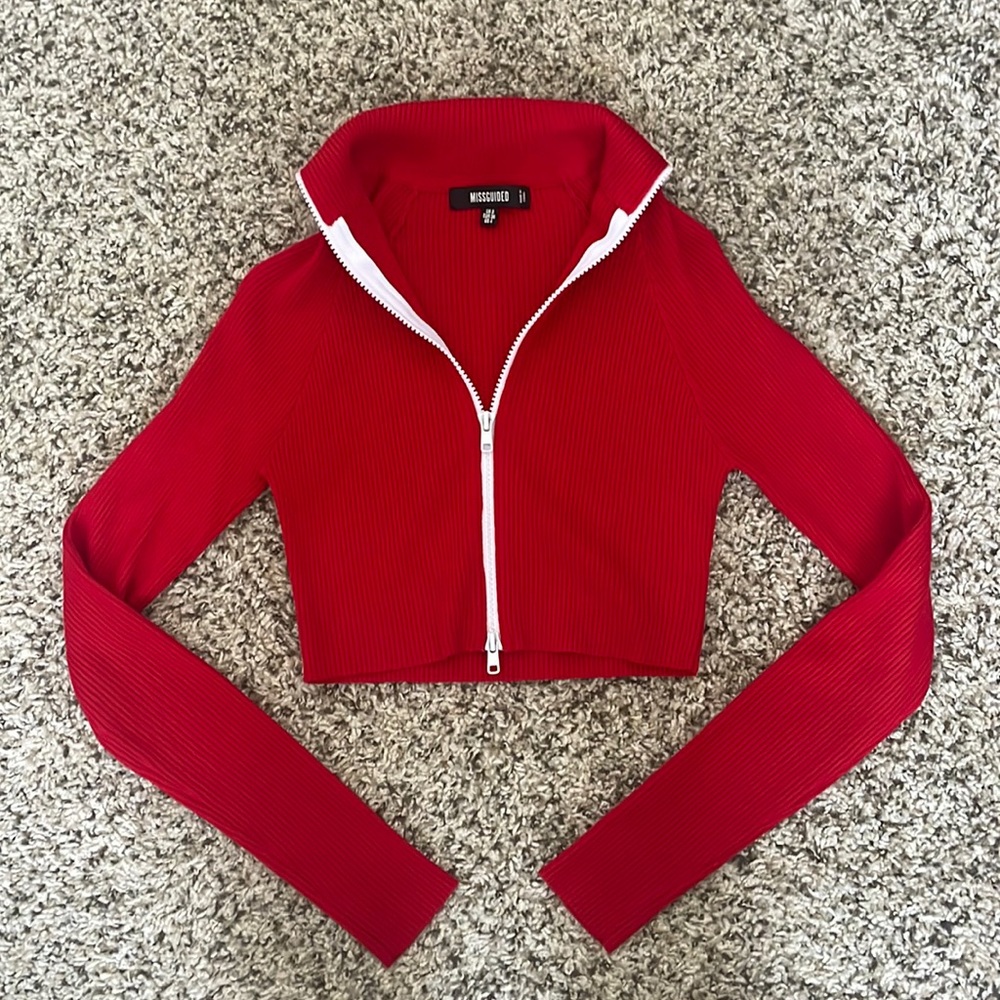Red Missguided Zip Up Crop Top